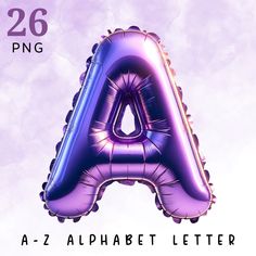 an inflatable letter is shown on a purple background with the words az - za alphabet below it