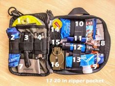 the contents of a travel bag are neatly packed and labeled with numbers for each item