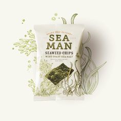 the sea man seaweed chips are in front of an image of plants and algaes