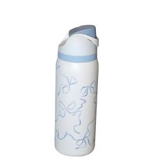 a white and blue water bottle on a white background