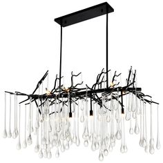 a large chandelier with glass drops hanging from it's black metal frame