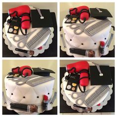 four pictures of a cake with scissors, hair combs and other items on it