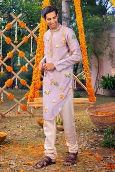 Lilac chanderi kurta with all over contrast Mughal palace print and multi color thread embroidered mandarin collar. Paired with contrast gathered churidar. - Aza Fashions Festive Chanderi Sherwani With Printed Motifs, Traditional Bandhgala With Printed Motifs For Festive Occasions, Traditional Sherwani With Printed Motifs, Designer Sherwani With Printed Motifs For Festivals, Traditional Festive Sherwani With Printed Motifs, Traditional Drape Sherwani With Printed Motifs For Festivals, Navratri Sherwani With Printed Motifs, Designer Sherwani With Printed Motifs For Navratri, Designer Navratri Sherwani With Printed Motifs