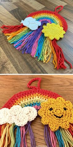 a crocheted bag with rainbows and clouds on it