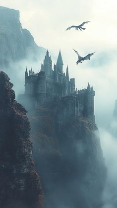 three dragon flying over a castle on top of a mountain in the foggy sky