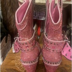 Dolls Kills Sheriff Shine Rhinestone Boots. Size 8. Worn Twice. Pink Embellished High Heel Boots, Embellished Pink High Heel Boots, Embellished Pink Boots For Evening, Embellished Pink Evening Boots, Rhinestone Boots, Dolls Kill Shoes, High Fashion Outfits, Dolls Kill, Bootie Boots