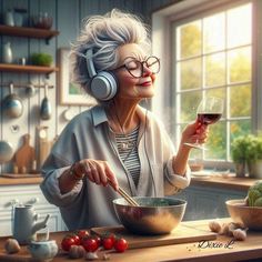 an older woman wearing headphones and holding a glass of wine in her hand while cooking