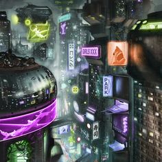 a futuristic city at night with neon lights