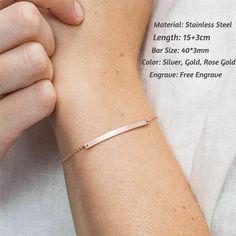 "Material Stainless Steel Customized 3D bar bracelet can be engraved in all 2 sides up to 10 characters on each side，Type your longitude, coordinates, roman numeral, names, initials, your special date or inspirational words to design your own necklace, makes you unique and show off your personalit. ♥Description: Material: Stainless steel, Steel Size: 40mm*3mm Weight: 5.6g Chain length: 15+3cm (Adjustable) How To Order -Add the item to your cart. Please leave all of the details I need to complete Minimalist Metal Bracelets For Mother's Day, Personalized Rose Gold Stainless Steel Bracelets, Personalized Rose Gold Stainless Steel Bracelet, Silver Personalized Bracelets For Bridesmaid Gift, Silver Name Bracelet For Bridesmaid Gift, Silver Name Bracelets For Bridesmaid Gift, Minimalist Metal Name Bracelet As Gift, Adjustable Rose Gold Nameplate Jewelry, Minimalist Silver Name Bracelet For Bridesmaids