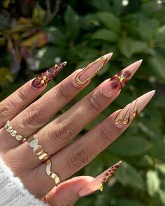 Brown N Gold Nails, 2024 Stiletto Nails, Bali Inspired Nails, Pretty Stiletto Nails, Stiletto Nails Summer, Bali Nails, Nails Reference, Dominican Nails, Mail Inspo