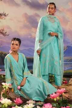 Turquoise silk chanderi kurta with floral and zari embroidery. Comes with pant. - Aza Fashions Turquoise Sharara With Resham Embroidery For Eid, Turquoise Embroidered Anarkali Set, Designer Turquoise Saree Sets, Festive Turquoise Sheer Dupatta, Bollywood Style Turquoise Dupatta With Resham Embroidery, Festive Embroidered Turquoise Sets, Turquoise Saree With Resham Embroidery For Diwali, Turquoise Embroidered Dupatta For Diwali, Semi-stitched Turquoise Sets With Dupatta