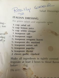 the menu for italian dressing is written in blue ink on a white piece of paper