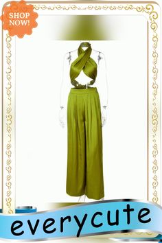 French Hot Selling Women's Clothing New Autumn Fashion Strapless Open Back Lace Up Top Loose Wide Leg Pants Set Wholesale Green Bottoms For Summer Evening Wear, Green Evening Pants For Summer, Green Pants For Evening And Summer, Green Summer Evening Pants, Evening Green Summer Pants, Summer Evening Green Bottoms, Loose Wide Leg Pants, Lace Up Top, Leg Pants