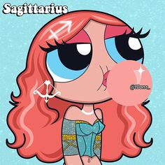 a cartoon girl with pink hair blowing bubble gum in front of her face and the words sagitrus on it