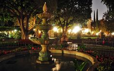 a fountain in the middle of a park at night