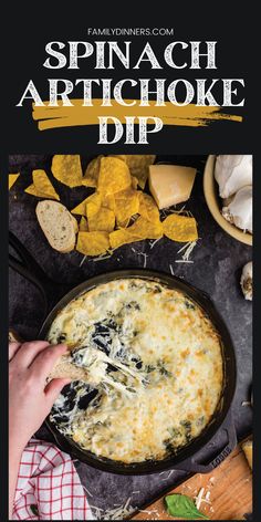 spinach artichoke dip in a skillet with tortilla chips on the side