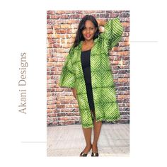 Green print Ankara cotton kimono  with side pockets.  45 inches long with 3/4 length sleeves and a detachable detachable belt.  This kimono can be worn with just about anything.  It's the perfect addition to your fall wardrobe! Casual Green Cotton Kimono, Oversized Cotton Kimono With Open Front, Fitted Long Green Kimono, Oversized Cotton Open Front Kimono, Oversized Green Casual Kimono, Casual Cotton Kaftan With Kimono Sleeves, Green Printed Cotton Kimono, Green Cotton Robe With Kimono Sleeves, Fitted Long Sleeve Green Kimono