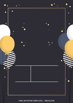 balloons and streamers in the shape of a square frame on a black background with gold confetti