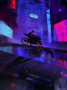 a person riding a motorcycle on a rainy day in the city with neon lights behind them