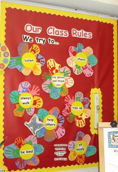 a bulletin board with handprints on it and the words, our class rules we try to listen