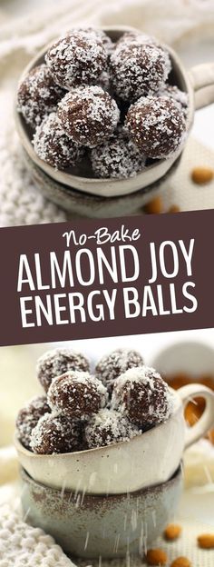 no bake almond joy energy balls in a bowl and on a table with nuts