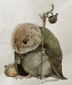 a drawing of a mouse with a green cape on it's back and a small rodent in the background