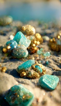 some blue and gold rocks in the sand