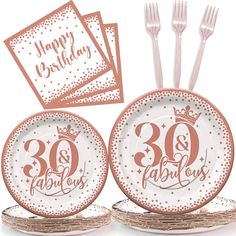 30th birthday plates and forks with rose gold confetti