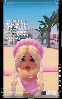 an animated image of a woman in a pink dress and pearls on her head, with palm trees in the background