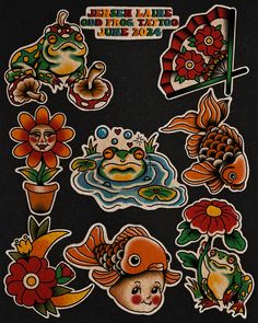 an assortment of stickers with flowers and fish on them, all in different colors