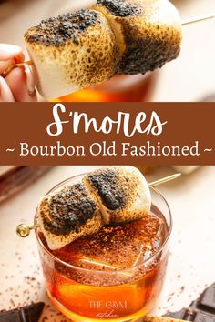 Who doesn't love a sweet gooey s'more around a campfire in the summer or fall? Well, this s'more old fashioned takes all those flavors and turns them into a delicious bourbon cocktail! It starts with a graham cracker-flavored simple syrup, then it is a good sweet bourbon, Angostura, and chocolate bitters, and finished with a toasted marshmallow. Bourbon And Bonfire Party, Cocktails With Marshmallows, Smores Old Fashioned, S’mores Old Fashioned, Marshmallow Old Fashion, Smores Cocktail Whiskey, Marshmallow Bourbon Cocktail, S’mores Old Fashion, S'mores Old Fashioned