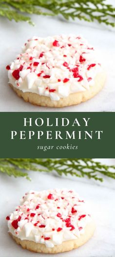 holiday peppermint sugar cookies with white frosting and sprinkles on top