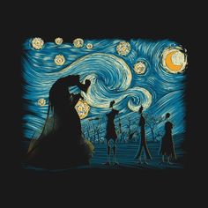 the starry night with silhouettes of people standing in front of them and looking up at