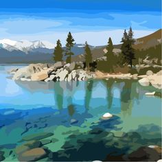 a painting of a lake with mountains in the background