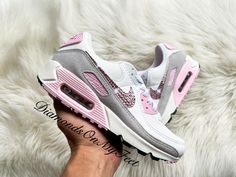 Luxury Nike Custom Pink Sneakers, Luxury Pink Custom Sneakers With Air Max Cushioning, Bling Nike Air Max, Nike Shoes Gray, Air Max 90 Pink, Nike Air Max 90 White, Bling Nike Shoes, Gray Nike Shoes, Swarovski Nike