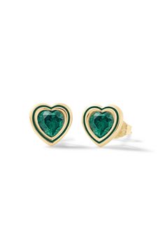 Madison Heart Bezel Stud Earrings Elegant Heart Cut Enamel Jewelry, Elegant Enamel Heart Cut Jewelry, Classic Green Enamel Jewelry, Elegant Heart-shaped Enamel Earrings, Elegant Enamel Heart Earrings For Gift, Elegant Heart Enamel Earrings For Gift, Emerald Earrings With Bezel Setting For Gift, Emerald Bezel Setting Earrings For Gift, Emerald Earrings With Bezel Setting As A Gift