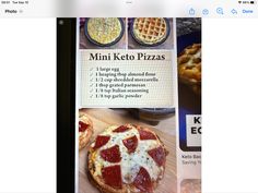 the menu for mini keto pizzas is displayed in an ipad app, which allows users to order them