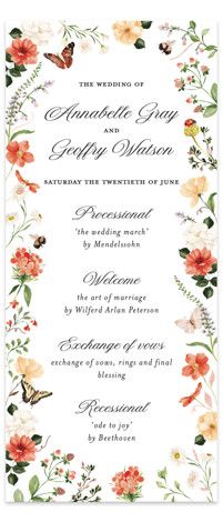 a wedding card with flowers and butterflies on the front, in oranges and white