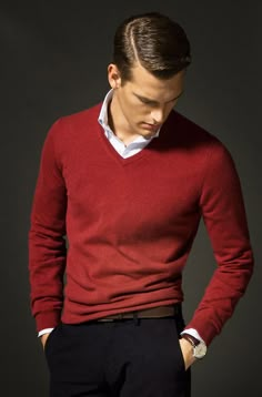 43 Shirt Under Sweater Outfit, Shirt Under Sweater, Sweater Outfits Men, Mens Style Guide, Mens Fashion Classy, Sharp Dressed Man, Red Sweater, Well Dressed Men, Man Fashion