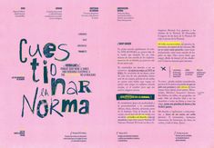 a pink book with black and yellow lettering on the front cover that says cues tio inar norma