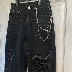 Cider Black Ripped Jeans Butterfly Chain Size: Small 100% Cotton New With Tags Pants Ripped Jeans, Dark Ripped Jeans, Alt Style Outfit, Jeans Butterfly, Ripped Black Jeans, Jeans With Chains, Baggy Ripped Jeans, Goth Pants, Jeans Chain