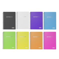 notebooks lined up in different colors with the word notebook written on each one side