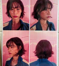 four pictures of a woman with short hair and blue shirt, in front of a pink wall