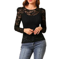 Add some romance to your look with this sheer lace top. Slight Stretch Fabric creates a breezy, textural base for this lace top, accented with puff sleeve for feminine dimension. Semi Sheer Material, a cami top or tube top should be worn, which is not included in this garment This sheer top has a feminine design of floral lace and long puff sleeves. A semi-sheer top featuring an allover floral lace design, round neck, long puff sleeves. Great for simple but trendy pants or skirts. Occasions: Cas Semi Sheer Top, Trendy Pants, Casual Dating, Sheer Lace Top, Floral Lace Tops, Puff Long Sleeves, Sheer Material, Feminine Design, Long Puff Sleeves