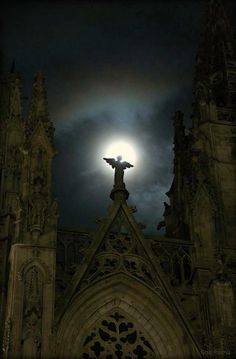 the moon is shining brightly over an old cathedral