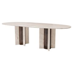 a white table with two wooden legs and a circular shaped marble slab on the top