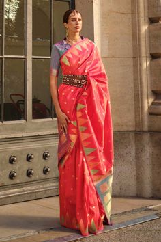 About this Product Saree: Saree Color: Pink Saree Fabric: Silk Saree Work: Print Saree Pattern: Block Print Drape Style: Choose the drape style while order: Standard Open, Pleated or Gujarati Saree length: 5.5 meters Petticoat: Saree comes with an in-built butter crepe petticoat, no additional petticoat is required to wear with the saree. Sizing: Waist is adjustable +/- 1 size with a partial elastic waist band that falls under the drape for added comfort. Blouse: Optional Blouse: Blouse Style: P Wedding Wear Saree, Handloom Weaving, Ghagra Choli, Half Sleeve Blouse, Art Silk Sarees, Wear Saree, Silk Wedding, Coral Red, Pink Art