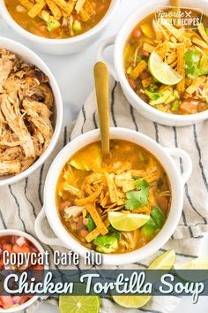 three white bowls filled with chicken tortilla soup