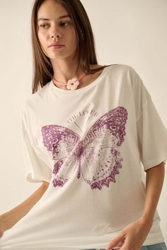 Lover Butterfly Oversize Graphic Tee - ShopPromesa White Butterfly T-shirt For Summer, Vintage Butterfly Print T-shirt For Summer, White Butterfly-shaped Top For Summer, Spring Butterfly Graphic Print Top, White Butterfly Print Graphic Tee, Aesthetic Oversized Shirt, Lover Butterfly, Oversize Graphic Tee, Butterfly Graphic Tee