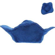 a blue knitted hat and mitten on a white background